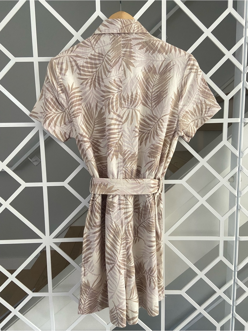 Linen Blend Romper Small Neutral Palm Print Tie Waist Pockets | Matty M - Picture 3 of 8